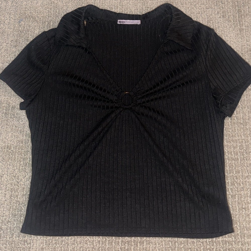 SO Black Ribbed Tie Front Polo Blouse